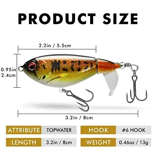 TRUSCEND Top Water Fishing Lures with BKK Hooks, Whopper Lure for Freshwater or Saltwater, Floating Lures for Bass Catfish Pike, Surface Wobble PoPobait Bass Baits Teasers Fishing Gifts for Men - 6