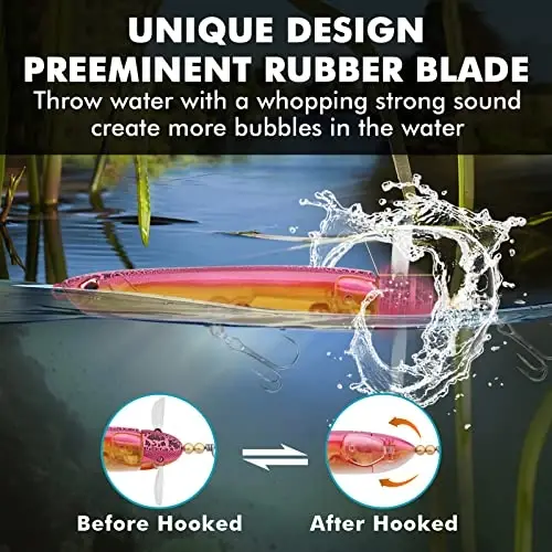 TRUSCEND Top Water Fishing Lures with BKK Hooks, Whopper Lure for Freshwater or Saltwater, Floating Lures for Bass Catfish Pike, Surface Wobble PoPobait Bass Baits Teasers Fishing Gifts for Men - 3