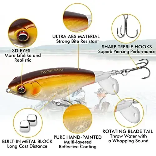 TRUSCEND Top Water Fishing Lures with BKK Hooks, Whopper Lure for Freshwater or Saltwater, Floating Lures for Bass Catfish Pike, Surface Wobble PoPobait Bass Baits Teasers Fishing Gifts for Men - 3