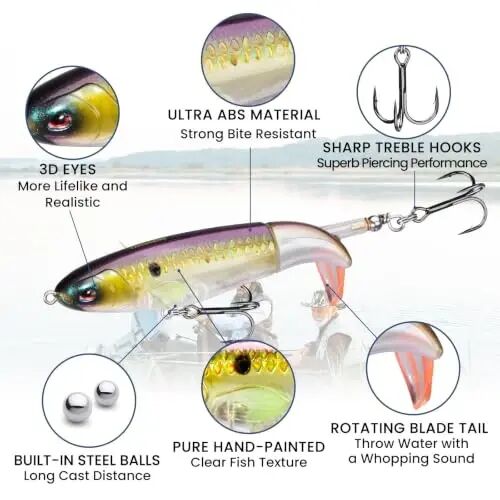 TRUSCEND Top Water Fishing Lures with BKK Hooks, Whopper Lure for Freshwater or Saltwater, Floating Lures for Bass Catfish Pike, Surface Wobble PoPobait Bass Baits Teasers Fishing Gifts for Men - 6
