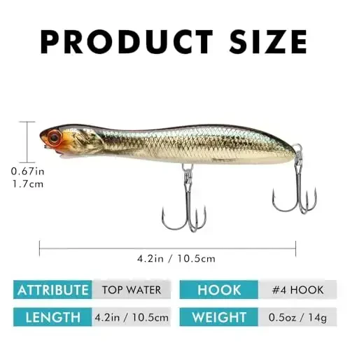 TRUSCEND Top Water Fishing Lures with BKK Hooks, Whopper Lure for Freshwater or Saltwater, Floating Lures for Bass Catfish Pike, Surface Wobble PoPobait Bass Baits Teasers Fishing Gifts for Men - 6