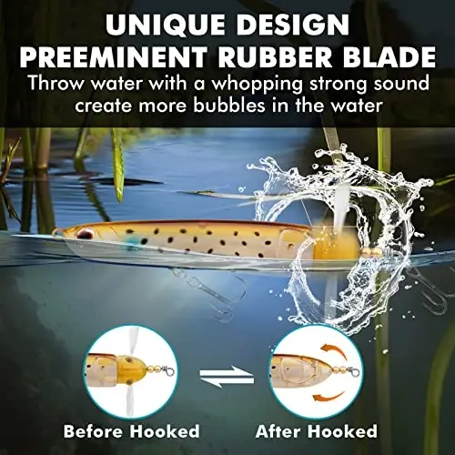 TRUSCEND Top Water Fishing Lures with BKK Hooks, Whopper Lure for Freshwater or Saltwater, Floating Lures for Bass Catfish Pike, Surface Wobble PoPobait Bass Baits Teasers Fishing Gifts for Men - 3