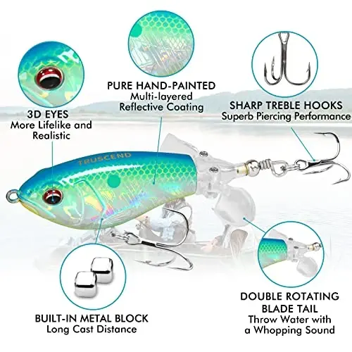 TRUSCEND Popobait Easy Catch Fishing Lures with BKK Hooks, Instant Startup, Longer Cast, Balanced Spray/Sound/Swim, Plopper Topwater Lures for Bass, Trout, Pike, Walleye, Freshwater Saltwater Fishing - TRUSCEND (1)