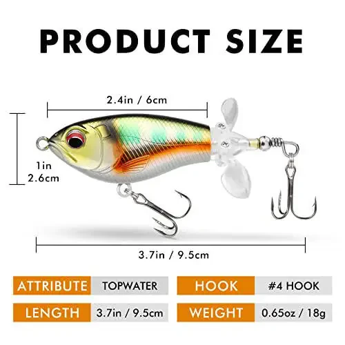 TRUSCEND Top Water Fishing Lures with BKK Hooks, Whopper Lure for Freshwater or Saltwater, Floating Lures for Bass Catfish Pike, Surface Wobble PoPobait Bass Baits Teasers Fishing Gifts for Men - 12