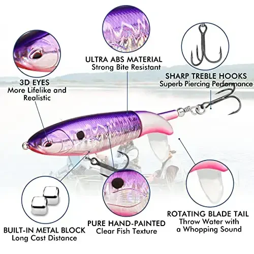 TRUSCEND Top Water Fishing Lures with BKK Hooks, Whopper Lure for Freshwater or Saltwater, Floating Lures for Bass Catfish Pike Walleye, Surface Wobble PoPobait Baits Teasers Fishing Gifts for Men - TRUSCEND (1)
