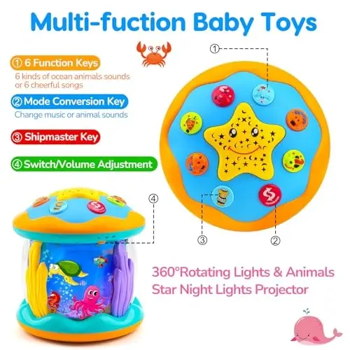 Tsomtto Baby Toys 6 to 12 Months Musical Light Up Tummy Time Toy Ocean Rotating Projector for Infant 3-6 7 8 9 12-18 Month Baby Learning Crawling Birthday for 1 2 3 Year Old Boys Girls - 2