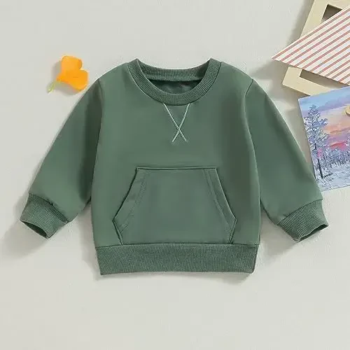 Tsseiatte Toddler Baby Boy Girl Long Sleeve Crewneck Pullover Sweatshirt Sweater Outfits Solid Color Casual Clothes - 2