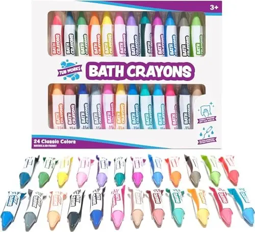 Tub Works® Smooth™ Bath Crayons Bath Toy, 24 Pack | Nontoxic, Washable Bath Crayons for Toddlers & Kids | Unique Formula Draws Smoothly & Vividly on Wet & Dry Tub Walls | Hexagon Grip Bathtub Crayons - 1