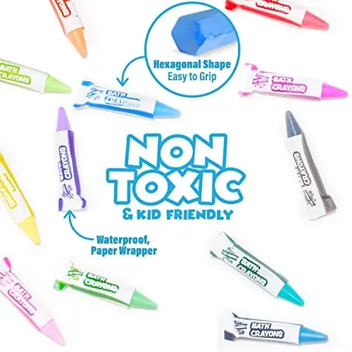 Tub Works® Smooth™ Bath Crayons Bath Toy, 12 Pack | Nontoxic, Washable Bath Crayons for Toddlers & Kids | Unique Formula Draws Smoothly & Vividly on Wet & Dry Tub Walls | Hexagon Grip Bathtub Crayons - 4