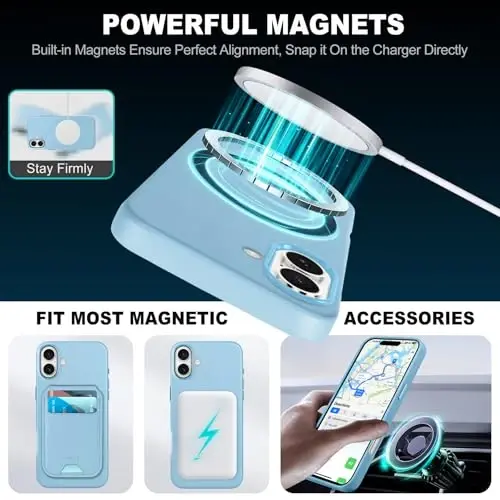 TUCCH Case for iPhone 16 Plus, [Magnetic Wireless Charging] Anti-Slip PU Leather Shockproof Phone Case, Slim Anti-Fingerprint Lightweight Protective Back Cover Compatible with iPhone 16 Plus, Sky Blue - 3