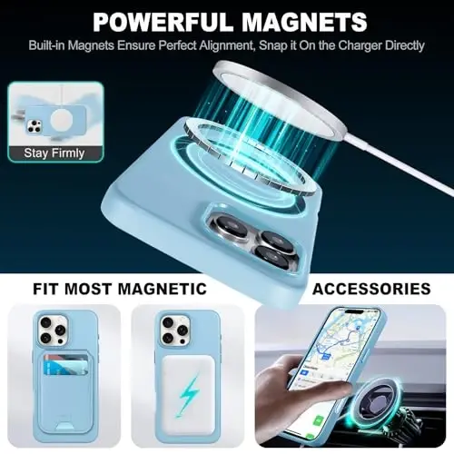 TUCCH Чехол для iPhone 16 Pro Max, [Magnetic Wireless Charging] Anti-Slip PU Leather Shockproof Phone Case, Anti-Fingerprint Lightweight Protective Cover Compatible with iPhone 16 Pro Max, Sky Blue - 3