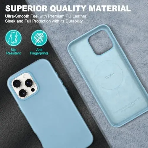 TUCCH Чехол для iPhone 16 Pro Max, [Magnetic Wireless Charging] Anti-Slip PU Leather Shockproof Phone Case, Anti-Fingerprint Lightweight Protective Cover Compatible with iPhone 16 Pro Max, Sky Blue - 4