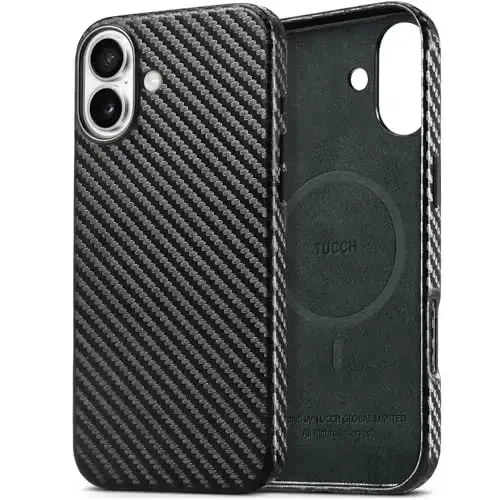 TUCCH Magnetic Case for iPhone 16 Plus, Protective Lightweight PU Leather Shockproof Anti-Slip Cover [Wireless Charging][Anti-Fingerprint] Compatible with iPhone 16 Plus 2024, Black Carbon Fiber - 1
