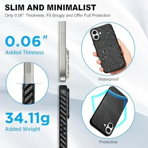 TUCCH Magnetic Case for iPhone 16 Plus, Protective Lightweight PU Leather Shockproof Anti-Slip Cover [Wireless Charging][Anti-Fingerprint] Compatible with iPhone 16 Plus 2024, Black Carbon Fiber - 6