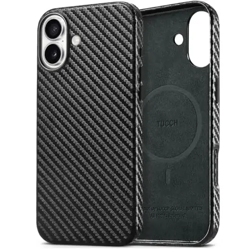 TUCCH Magnetic Case for iPhone 16 Plus, Protective Lightweight PU Leather Shockproof Anti-Slip Cover [Wireless Charging][Anti-Fingerprint] Compatible with iPhone 16 Plus 2024, Black Carbon Fiber - 1