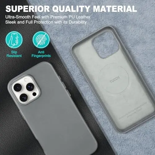 TUCCH Magnetic Case for iPhone 16 Pro Max, Wireless Charging PU Leather Anti-Slip Protective Back Cover, Anti-Fingerprint Lightweight Shockproof Phone Case Compatible with iPhone 16 Pro Max, Iron Grey - 4