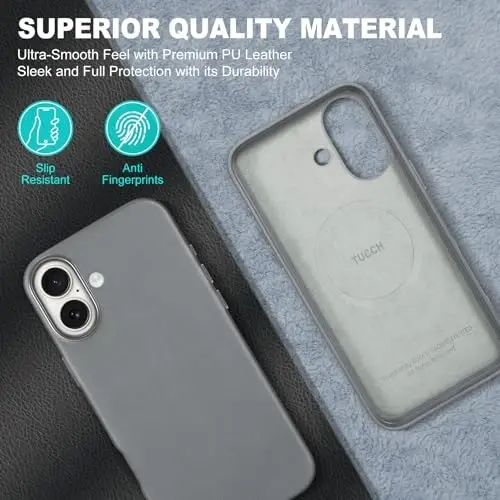 TUCCH Magnetic Case for iPhone 16, Wireless Charging PU Leather Anti-Slip Protective Back Cover, Slim Anti-Fingerprint Lightweight Shockproof Phone Case Compatible with iPhone 16 6.1