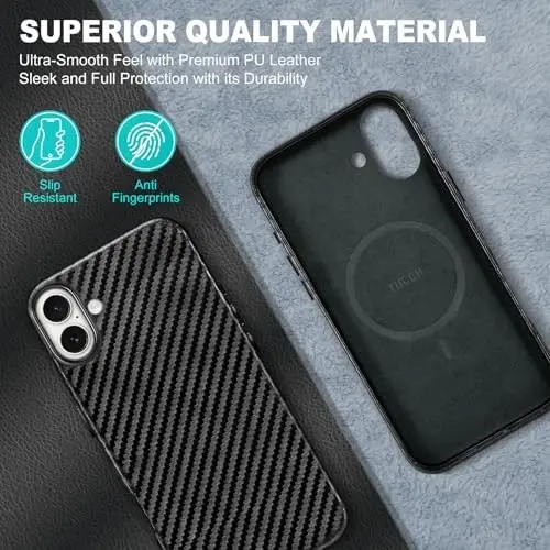 TUCCH Магнитный Чехол для iPhone 16 Plus, Защитный Легкий Чехол из Искусственной Кожи, Ударопрочный, Нескользящий [Беспроводная Зарядка][Защита от Отпечатков] Совместим с iPhone 16 Plus 2024, Черное Углеродное Волокно - 4