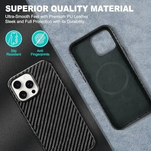 TUCCH Magnetic Case for iPhone 16 Pro Max, Protective Lightweight PU Leather Shockproof Anti-Slip Cover [Wireless Charging][Anti-Fingerprint] Compatible with iPhone 16 Pro Max, Black Carbon Fiber - 4