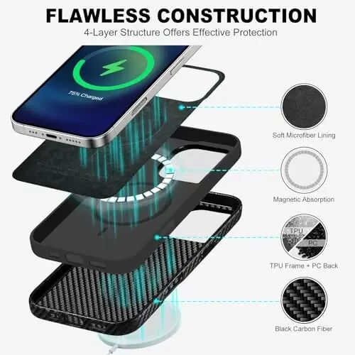 TUCCH Magnetic Case for iPhone 16 Pro Max, Protective Lightweight PU Leather Shockproof Anti-Slip Cover [Wireless Charging][Anti-Fingerprint] Compatible with iPhone 16 Pro Max, Black Carbon Fiber - 5