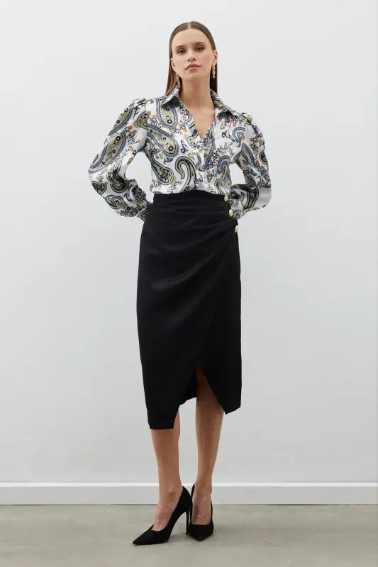 Tugma aksessuarlariga ega Satin Krep yubka - Qora-QORA - 2