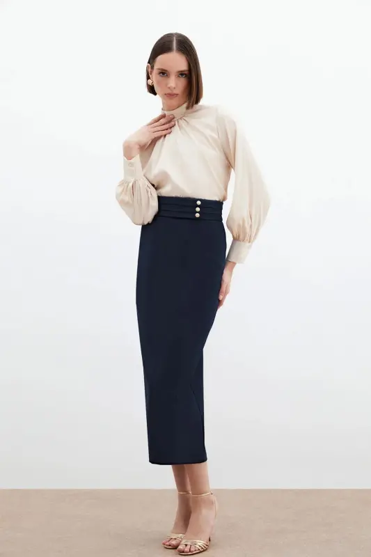 Tugmacha detalli midi yubka - To'q ko'k-To'q ko'k - 2