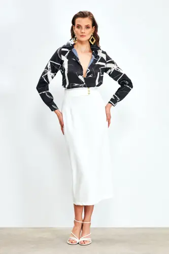 Tugmachali Midi Yubka - EKRU - SATEEN (1)