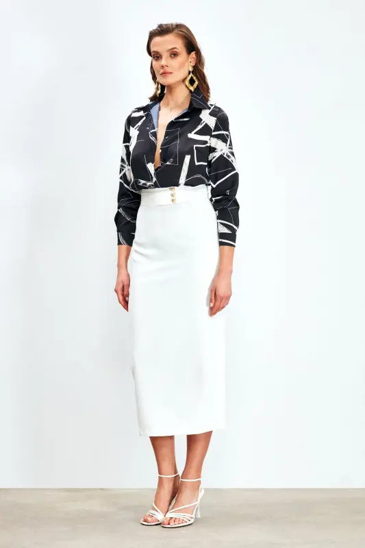 Tugmachali Midi Yubka - EKRU - SATEEN