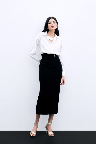 Tugmachali Midi Yubka - QORA - SATEEN (1)