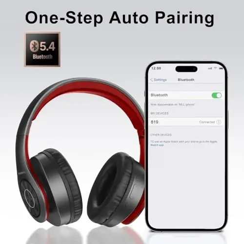 TUINYO Bluetooth Headphones, Over Ear Stereo Wireless Headset 40H Playtime with Deep Bass,Soft Memory-Protein Earmuffs,Built-in Mic Wired Mode PC/Cell Phones-Black red - 4