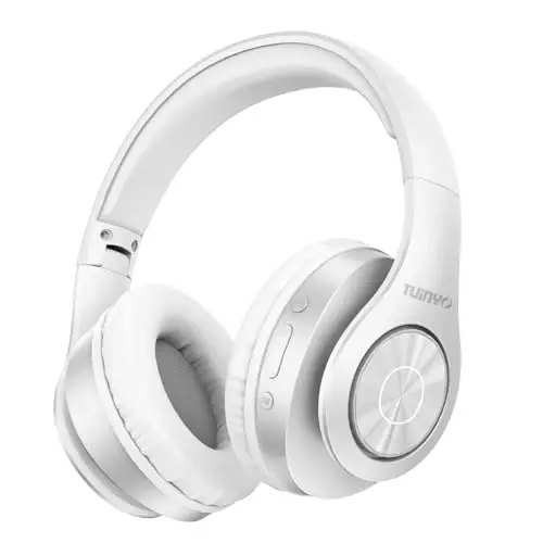 TUINYO Bluetooth Headphones Wireless, Over Ear Stereo Wireless Headset 40H Playtime with deep bass, Soft Memory-Protein Earmuffs, Built-in Mic Wired Mode PC/Cell Phones/TV-White 