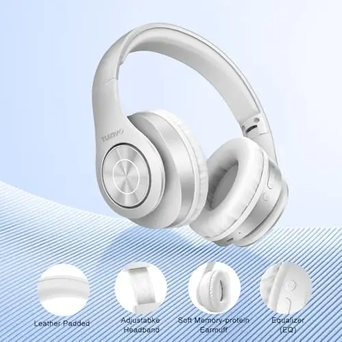 TUINYO Bluetooth Headphones Wireless, Over Ear Stereo Wireless Headset 40H Playtime with deep bass, Soft Memory-Protein Earmuffs, Built-in Mic Wired Mode PC/Cell Phones/TV-White - 5