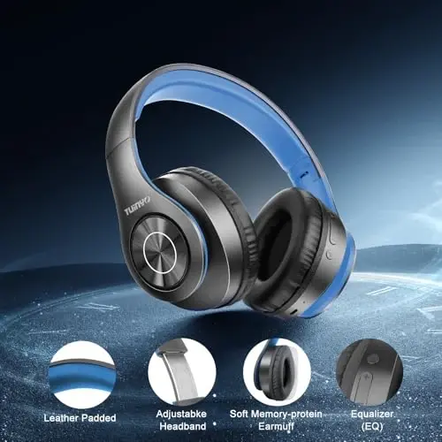 TUINYO Bluetooth Headphones Wireless, Over Ear Stereo Wireless Headset 40H Playtime with deep bass, Soft Memory-Protein Earmuffs, Built-in Mic Wired Mode PC/Cell Phones/TV-Black/Blue … - 5