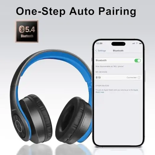 TUINYO Bluetooth Headphones Wireless, Over Ear Stereo Wireless Headset 40H Playtime with deep bass, Soft Memory-Protein Earmuffs, Built-in Mic Wired Mode PC/Cell Phones/TV-Black/Blue … - 4