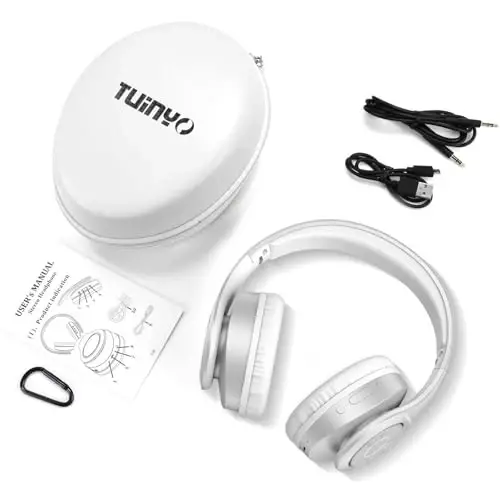 TUINYO Bluetooth Headphones Wireless, Over Ear Stereo Wireless Headset 40H Playtime with deep bass, Soft Memory-Protein Earmuffs, Built-in Mic Wired Mode PC/Cell Phones/TV-White … … - 6