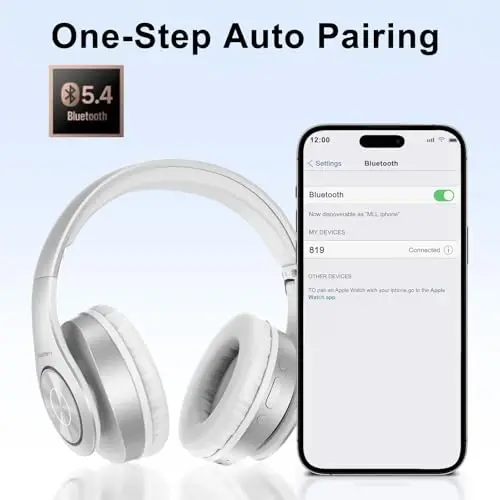 TUINYO Bluetooth Headphones Wireless, Over Ear Stereo Wireless Headset 40H Playtime with deep bass, Soft Memory-Protein Earmuffs, Built-in Mic Wired Mode PC/Cell Phones/TV-White - 4