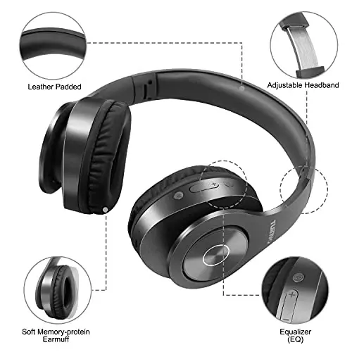 TUINYO Bluetooth Headphones Wireless, Over Ear Stereo Wireles Headset 40H Playtime with deep bass, Soft Memory-Protein Earmuffs, Built-in Mic Wired Mode PC/Cell Phones/TV-Dark Grey … - 4