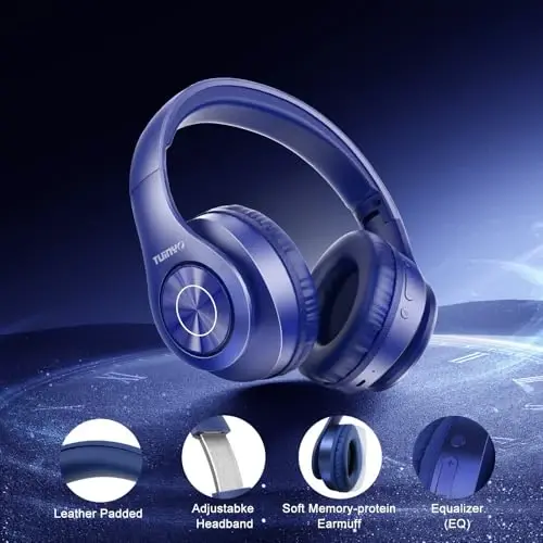 TUINYO Bluetooth Headphones Wireless, Over Ear Stereo Wireless Headset 40H Playtime with deep bass, Soft Memory-Protein Earmuffs, Built-in Mic Wired Mode PC/Cell Phones/TV-Dark Blue - 5