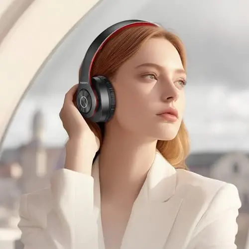 TUINYO Bluetooth Headphones, Over Ear Stereo Wireless Headset 40H Playtime with Deep Bass,Soft Memory-Protein Earmuffs,Built-in Mic Wired Mode PC/Cell Phones-Black red - 3