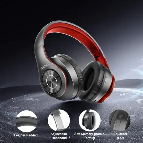 TUINYO Bluetooth Headphones, Over Ear Stereo Wireless Headset 40H Playtime with Deep Bass,Soft Memory-Protein Earmuffs,Built-in Mic Wired Mode PC/Cell Phones-Black red - 9