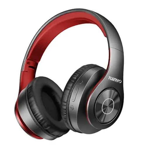 TUINYO Bluetooth Headphones, Over Ear Stereo Wireless Headset 40H Playtime with Deep Bass,Soft Memory-Protein Earmuffs,Built-in Mic Wired Mode PC/Cell Phones-Black red - 1