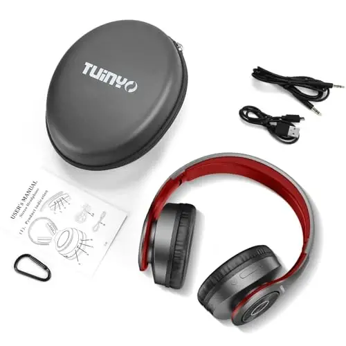 TUINYO Bluetooth Headphones, Over Ear Stereo Wireless Headset 40H Playtime with Deep Bass,Soft Memory-Protein Earmuffs,Built-in Mic Wired Mode PC/Cell Phones-Black red - 6