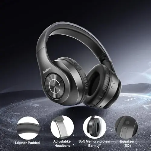 TUINYO Bluetooth quloqchinlari, quloq ustidagi stereo simsiz garnitura 40 soatlik chuqur bassli ijro etish vaqti, yumshoq xotirali-proteinli quloqchinlar, o'rnatilgan mikrofonli simli rejim, kompyuter/mobil telefonlar - qora - 5