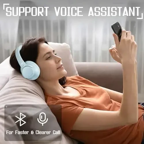 TUINYO simsiz quloqchinlar - 60 soatlik o‘yin vaqti, chuqur bas Hi-Fi stereo ovoz va sayohat, uy va ofis uchun qulay quloq yostiqchalari bilan shovqinni bekor qiluvchi Bluetooth quloqchinlari - Moviy kulrang… - 3