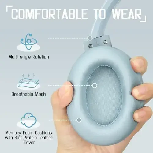 TUINYO simsiz quloqchinlar - 60 soatlik o‘yin vaqti, chuqur bas Hi-Fi stereo ovoz va sayohat, uy va ofis uchun qulay quloq yostiqchalari bilan shovqinni bekor qiluvchi Bluetooth quloqchinlari - Moviy kulrang… - 5