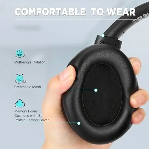 TUINYO simsiz quloqchinlar shovqinni bekor qiluvchi quloq ustidagi Bluetooth quloqchinlar, 60 soatlik tinglash vaqti, chuqur bas Hi-Fi stereo ovoz va sayohat, uy va ofis uchun qulay quloq yostiqchalari-qora - 5