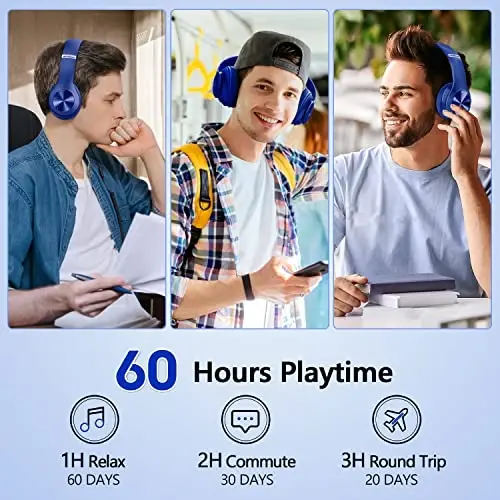 Tuitager 9S Wireless Over-Ear Bluetooth Headphones, 60 Hours Playtime, Hi-Fi Stereo, 6 EQ Modes, Built-in Microphone, Foldable Design, Blue - 2