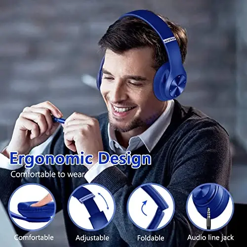 Tuitager 9S Wireless Over-Ear Bluetooth Headphones, 60 Hours Playtime, Hi-Fi Stereo, 6 EQ Modes, Built-in Microphone, Foldable Design, Blue - 3