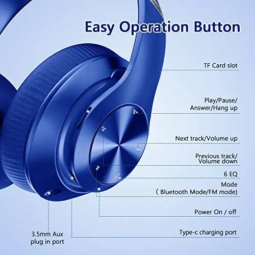 Tuitager 9S Wireless Over-Ear Bluetooth Headphones, 60 Hours Playtime, Hi-Fi Stereo, 6 EQ Modes, Built-in Microphone, Foldable Design, Blue - 5