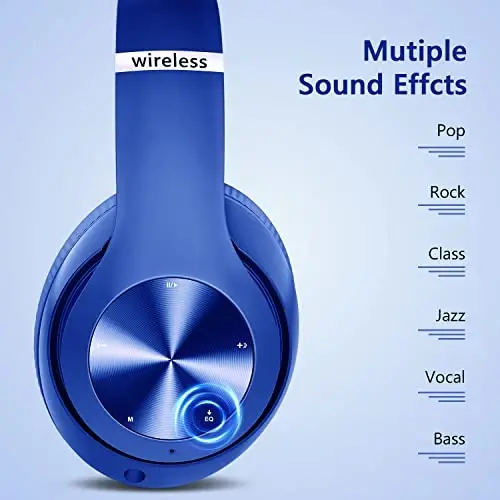 Tuitager 9S Wireless Over-Ear Bluetooth Headphones, 60 Hours Playtime, Hi-Fi Stereo, 6 EQ Modes, Built-in Microphone, Foldable Design, Blue - 6